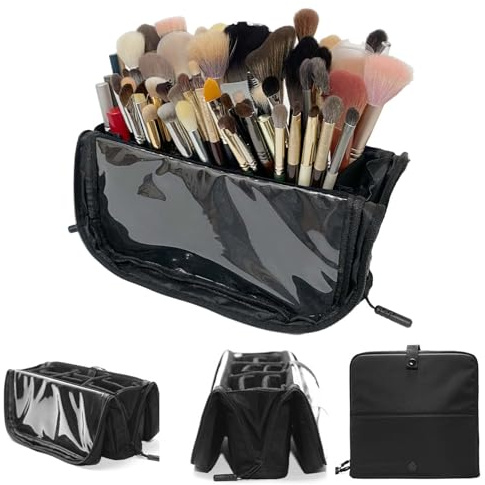 Yousimei Trousse à pinceaux de maquillage, organisateur de trousse de maquillage debout avec séparateurs réglables, support de brosse de maquillage de voyage portable pliable pour artiste