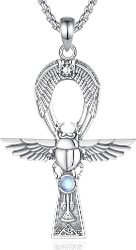 CELESTIA Ankh Kette Damen Silber 925 Ägypten Schmuck für Frauen Ägyptischer Schmuck Frauen Mondstein Anhänger Ankh Kreuz mit Skarabäus Pyramiden Lotus Auge des Horus Ägyptische Geschenke