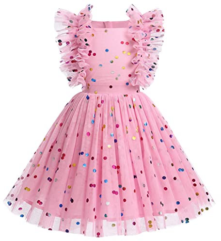 Odizli Robe festive pour fille - Paillettes - Princesse - En tulle - Pour mariage, fête, été, Rose à pois, 3-4 ans