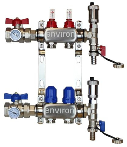 ENVIRON- Heizkreisverteiler [2-12 Heizkreise] mit Kugelhahn Set und Schnellentlüfter Set | Fußbodenheizung Heizung (2 Heizkreise)