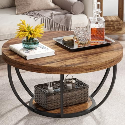 Tribesigns Couchtisch, industrieller runder Couchtisch mit Ablagen, zwei Ebenen, moderner Holzakzent, für Wohnzimmer, Heimbüro, 80,5 cm, rustikales Braun