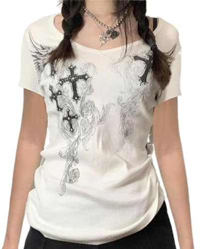 Yassiglia Women Y2K Vintage Graphic Tops Summer Short Sleeve Crew Neck Shirt Goth Punk Crop Top Slim Fit Baby Tees Grunge Aesthetic Clothes for Girls (White, S)