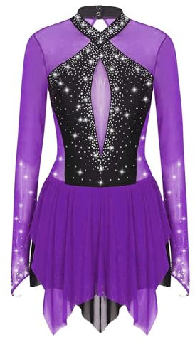 iEFiEL Glitzer Eiskunstlauf Kleid Damen Langarm Kürkleid Strasssteine Rollkunstlaufkleid Leotard Tanzanzug Wettbewerb Tanzkostüm Xb Violett XL