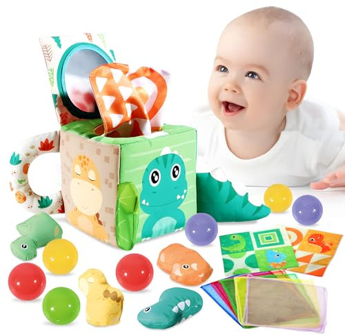 Almaxi Baby Spielzeug 6 Monate,Montessori Spielzeug 6-12 Monate,Sensorik Spielzeug Dinosaurier Tissue Box Baby,Farbiges Tuch Sensorisches,Baby Lernspielzeug,Baby Geschenk Jungen Mädchen 6 9 12 Monate