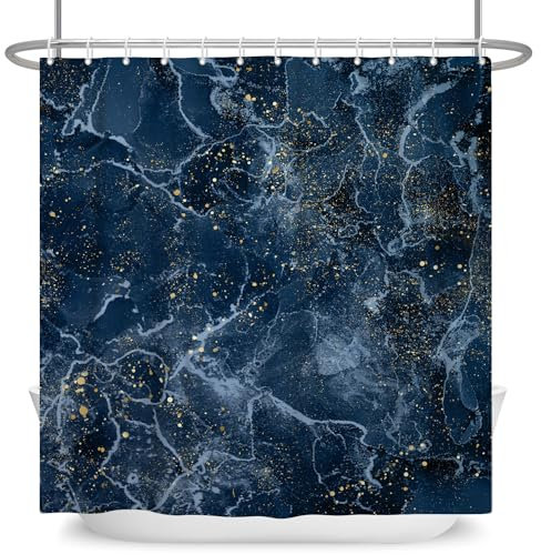 ASDCXZ Marmor Duschvorhang Blau 180x180 cm, Modern Abstrakt Blau Gold Spot Marmor Optik Textur Waschbar Bad Duschvorhänge Polyester Textil Wasserdicht Duschvorhang für Badewanne mit 12 Haken