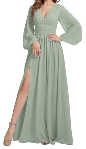 SAYNO A-Line Bridesmaid Dresses for Wedding with Long Sleeves V Neck Formal Party Gowns Sage Green UK16