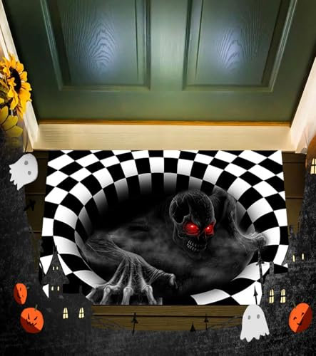 Halloween Fußmatte,3D Stereo Vision Skeleton Teppich Kariert Horror Fußmatte 3D lustige Weicher Teppich Clownfallenmuster Bodenmatte Scary Halloween Dekoration für Wohnzimmer Schlafzimmer(60x40cm)