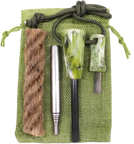 Feuerstahl Survival Outdoor Set 6-Teilig, Zunder für Feuerstahl, Feuerstahl mit Griff, Teleskop Blasrohr im Transportbeutel, Paracord Band, Feuerstein Survival Abenteuer Grün