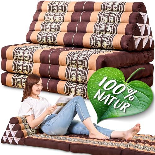 Namasdee Thaikissen XXL breit 190x80x8cm mit 100% natürlicher Kapokfüllung (Braun/Elefanten)