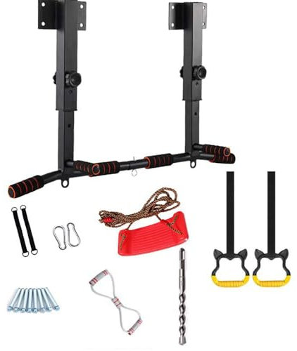 Barre de Traction Murale/Plafond/Charpente, 3 Niveaux Réglables + Poignées Multi-Angles avec Balançoire/Anneaux/Élastique, Équipement Fitness Familial (Certifié CE)