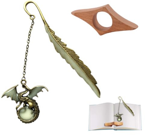 1 Stück Glow in the Dark Metall Feder Lesezeichen in Gold Farbe für Buchliebhaber, kommt mit einem Buch drücken Finger Clasp, Vintage Glow in the Dark Lesezeichen Geschenk 3D Flying Dragon Anhänger