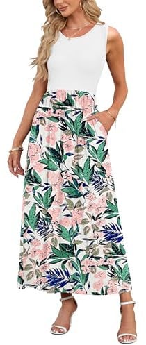AUSELILY Robe Longue d'été Unie sans Manches pour Femmes en Vrac Robe Longue Décontractée avec Poches Rose Floral Vert XXL