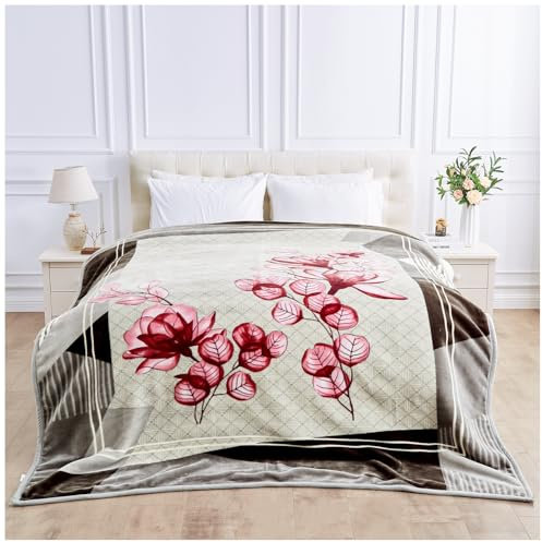 Fleece Blanket Double Ply Reversible - Faux Fur Fluffy Throw Botanical Blanket for Bed - Soft Warm King Size Fleece Blanket 4Kg - Bed Throws Thick Heavy Blanket Adult Bedroom (240x200cm)