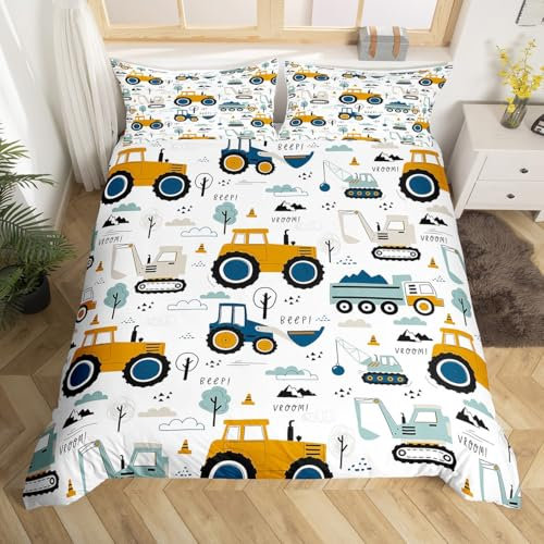 Homewish Kids Car Single Duvet Cover Set, Construction Bedding for Teenage Boy, Truck Equipment Duvet Cover Teens Room Decor, Excavator Tractor Pattern Quilt Cover with 1 Pillowcase, Reversible