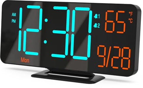 KOSUMOSU Wecker für Schlafzimmer, 17 cm, schwarz, klein, digital, Computerwecker mit automatischer Dimmung, Sekunden, Wochentag, Innentemperatur