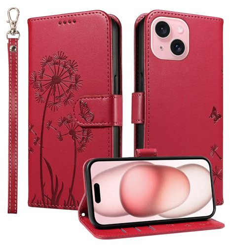 Trugox Wallet Case for Apple iPhone 15 Phone Case Leather Dandelion with Credit Card Holder Purse Kickstand Folio Book Folding Flip Case Cover Women Shockproof - Red