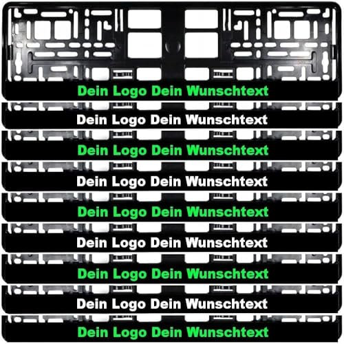 Kennzeichenhalter mit Wunschtext, Personalisierbar, Kurze Ausführung 46 x 11 cm, Schwarz mit farbigem Text Logo, 2 Stück