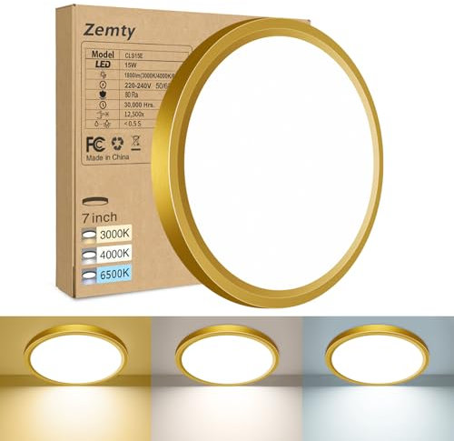 zemty 3Farben 3000/4000/6500K LED Deckenleuchte Flach, 15W 1800LM Ø18cm Deckenleuchten, Golden Rund Ultra Dünn Deckenlampe LED Lampen Deckenlampen,Deckenbeleuchtung für Badezimmer,Küche