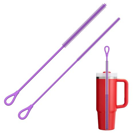 Silicone Straw Cleaner Brush, 2Pcs Reusable Straw Brush for Straws, Non-slip Handle Soft and Bendable, 6mm+9mm, Purple