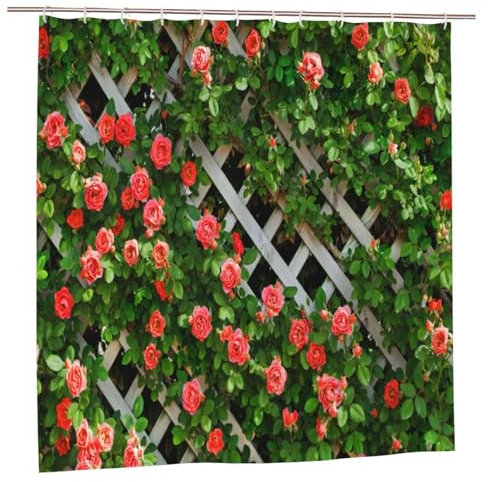 Newhomestyle Summer Outdoor Roses Garden Shower Curtain, Rustic Decor Red Flower on Fence, Spring Waterproof Bath Curtain, Farmhouse Bathroom Decor Set with 12 Hooks, 180X180cm/ 71X71 inch