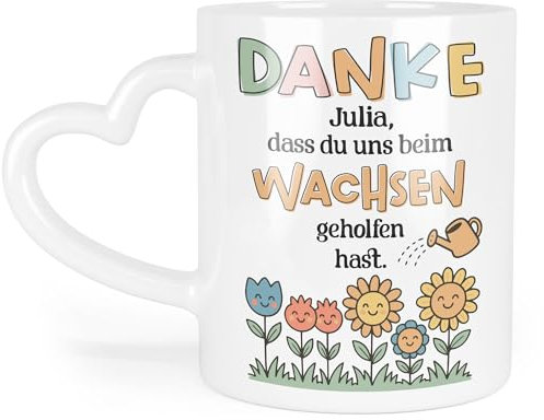 Personalisierte Tasse Erzieherin Abschied Kita, Abschiedsgeschenk Tagesmutter, Erzieher, Hebamme - Danke dass du mir beim Wachsen geholfen hast - Dankeschön Geschenk Kindergarten - Herzhenkel