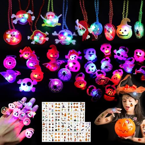 Halloween Party Mitgebsel, 48 Stück Halloween Mitgebsel Kinder Enthalten Leds (Ringe, Halsketten, Broschen), Aufkleber, Geeignet als Kinderpartygeschenke, Spielzeugpreise, Geschenktütenfüllungen