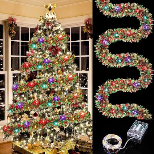 Weihnachtsgirlande mit Beleuchtung, Weihnachten Lametta Girlande 5M 50 LEDs, Tannengirlande Weihnachten, Christmas Garland Weihnachtsdeko, Weihnachtsbaum Girlande für Treppengeländer Kamine
