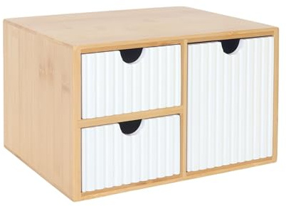 Relaxdays drawer box, bamboo & MDF, 3 ribbed drawers, HWD: 15 x 25 x 20 cm, desk organiser, white/natural