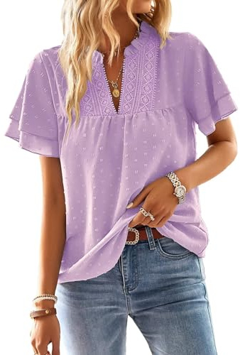 TUUHAW T Shirt Donna Elegante Manica Corta Magliette con Scollo a V Estiva | Boho Camicia, Casual Volant Abbigliamento, Pizzo Top, Casual Camicia, Traspirante Classica Lavoro, Vintage Affari Tunica Moda