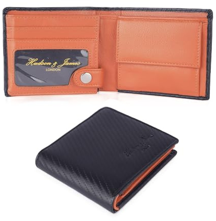 Hudson & James Designer Real Genuine Mens Leather Wallet Purse Gift Box (Carbon Black/Orange)