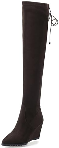 Gicoiz Compensées Cuissarde Bottes Extensibles Femme Pointu A Enfiler Hiver Warm Talons Hauts Elegant Soirée Botte Hautes Bureau Marrón Taille 39 EU-40Cn