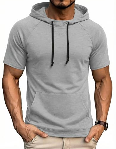 COOFANDY Men's Short Sleeve Hoodie Gym Pump Cover with Pocket | Stretch fit, Breathable, Moisture-wicking, Short sleeve, Drawstring hood, Kangaroo pocket