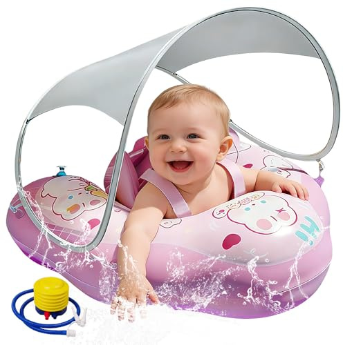 FENYW Ciambella Neonato Con Parasole E Pompa Ad Aria, Salvagente Neonato, UPF50+ Protezione UV, Salvagente Bambini Per Adatto Per Bagno, Piscina, Mare Per Bambini Dai 3 Ai 36 Mesi (L)