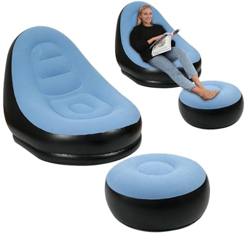 Gohytal Aufblasbares Sofa mit Hocker, Wasserdichtes Tragbares Luftsofa,Blau | Ohne Pumpe aufblasbar|robustes 210D Oxford|wasserdicht & schmutzabweisend|inkl. Tragetasche für Outdoor‑Einsätze