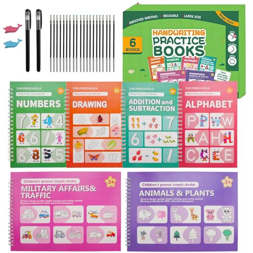 Mocrop Lot de 6 cahiers d'exercices magiques pour l'école maternelle avec | Réutilisable, pour les enfants à partir de 3 ans, lettres, chiffres, dessin, calcul, apprentissage, avec stylos et mines
