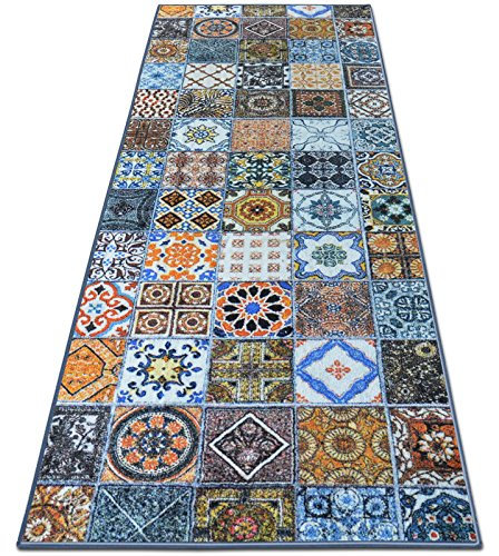 casa pura Tapis Carreau Ciment Tapis Multicolore | 100% Polyamide | Moelleux & Antidérapant | 18 Tailles | Bonita, 80x200cm