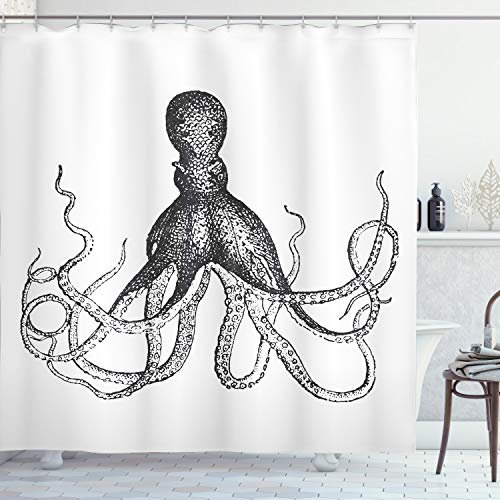 ABAKUHAUS Tintenfisch Duschvorhang, Wassertier-Skizze, Stoffliches Gewebe Badezimmerdekorationsset mit Haken, 175 x 220 cm, Weiß Koksgraue