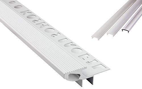 T-40 20° LED Alu Fliesenprofil Treppenprofil Stufen 10mm weiss + Abdeckung Abschlussleiste Fliesen für LED-Streifen-Strip 1m opal