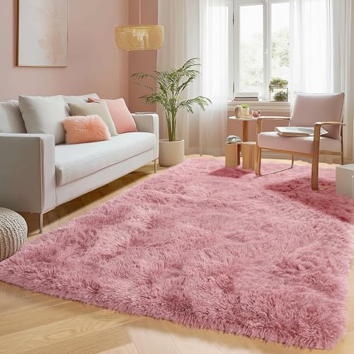 PAGISOFE Zotteliger flauschiger Teppich, Teppiche für Mädchenzimmer, Babyzimmer, Jugendzimmer, 122 x 180 cm, rosa Plüsch, flauschig, für Kinderzimmer, Heimdekoration, ästhetischer