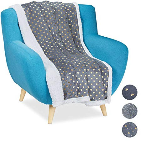 Relaxdays 1 x Kuscheldecke goldene Herzen, zweiseitige Couchdecke, Flauschige Decke mit Lammfelloptik, weich, 150x200cm, grau/weiß