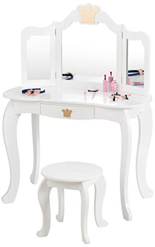 COSTWAY Kinder Schminktisch mit Hocker und Abnehmbarer Spiegel, Mädchen Frisiertisch Holz, Kindertisch mit Schublade, Spiegeltisch 80x42x105cm (Weiß)