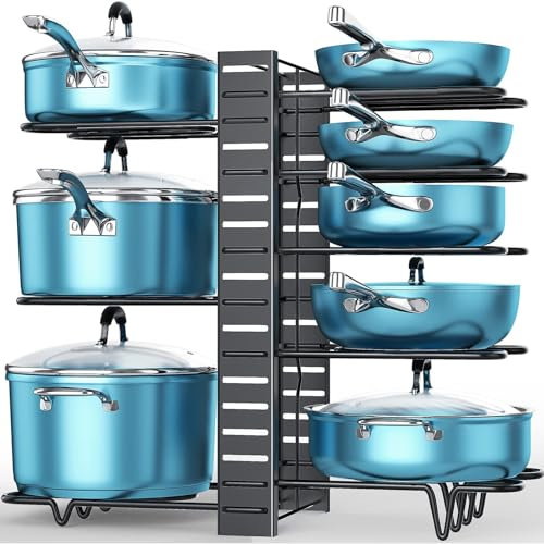 ORDORA Organiseur de casseroles et poêles, 8 niveaux avec 3 méthodes de bricolage, étagère réglable pour armoire, organisation de cuisine, rangement et couvercle de casserole