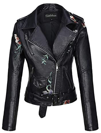 Giolshon Giacca da Donna in Pelle Artificiale Motociclista da Primavera e Autunno Giacca Stampata Casual Corta 1702020 Nero XL