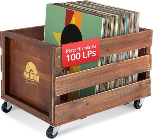 Stagecaptain SPK-100 Schallplattenkiste Emil (2, Braun) | Aufbewahrungsbox für bis zu 100 LPs, Aus Vollholz im Retro-Design, 4 lenkbare Rollen mit Kugellager, 5 x 34 x 30, 5 cm, 9 kg