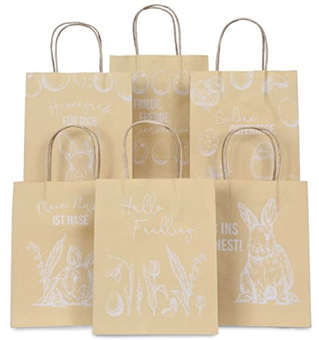 Papierdrachen 6 bedruckte Henkeltüten zu Ostern - Packpapier Weiß - 22,5x18x8cm - 6 zusätzliche Osterpostkarten - Geschenkverpackung - Geschenktüten zum Befüllen - Alternatives Osternest - Set 5