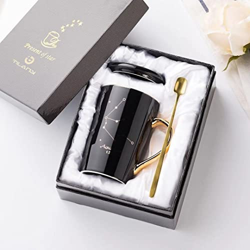 Tilany Tazza da caffè Costellazione Set di bicchieri con coperchio, cucchiaio dorato, tazze zodiacali eleganti e creative per caffè, tè, cioccolato, cacao – Astrologia Regali per uomini e donne –