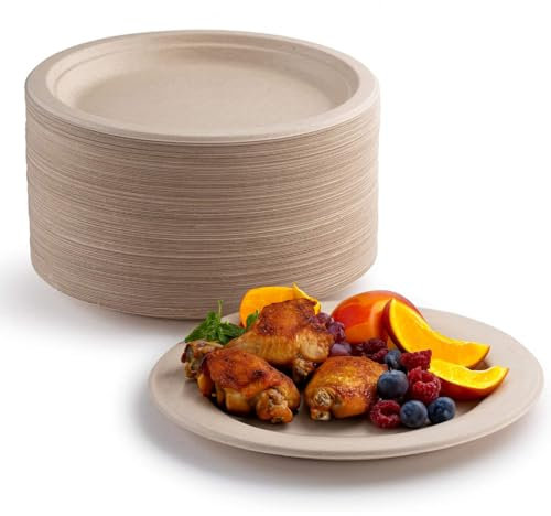 PUYI 100 pcs Assiette Jetable 15.2cm Biodégradables en Assiette Carton de Canne à Sucre Ecologique et Compostable Assiettes Jetables Idéal pour Barbecue, Pique-Nique Vaisselle Jetable-naturel