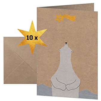 Sigel Weihnachtskarten Hardcover aus Kraftpapier Eisbär Stern A6 10 Stück | DS084, Bedruckbar mit Umschlägen für persönliche Weihnachtsbotschaften