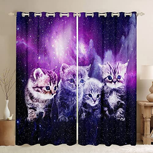 Katzen-Fenstervorhänge Mädchen süßes Haustier Katzen Vorhänge Galaxie Kawaii-Kätzchen Weltraum Fenstervorhänge für Schlafzimmer, Wohnzimmer Kinder Jungen 3D-Tier-Thema Fensterbehandlungen 137x117cm