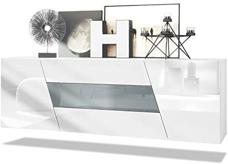 Vladon Sideboard Houston, Made in Germany, hängende Kommode mit 2 Türen & 3 Schubladen, Korpus Weiß matt, Fronten Weiß Hochglanz, mittlere Schublade Grau Hochglanz (178 x 57,5 x 38,5 cm)